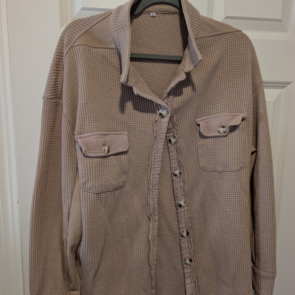 Women's Taupe Waffle Knit Button-Up Shirt